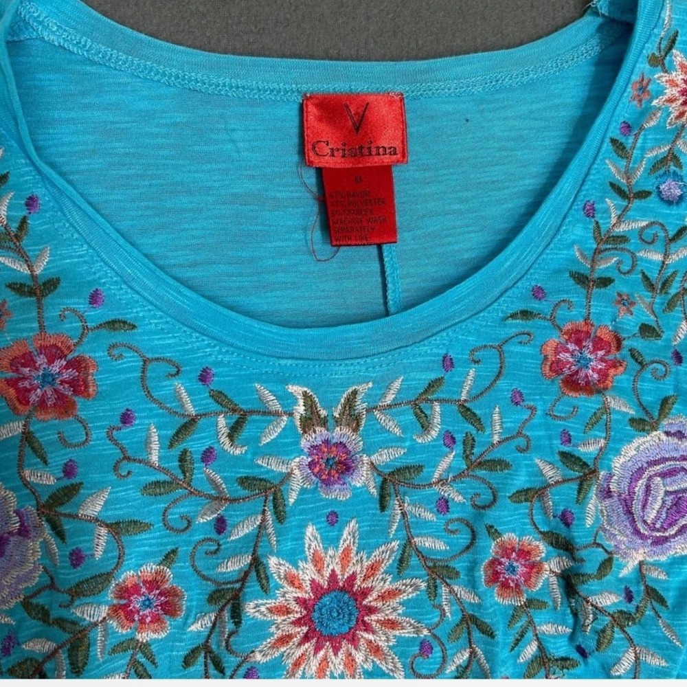 Cristina Tunic Women Medium Blue Floral Embroidered High-Low Slit Back Top - Picture 5 of 8